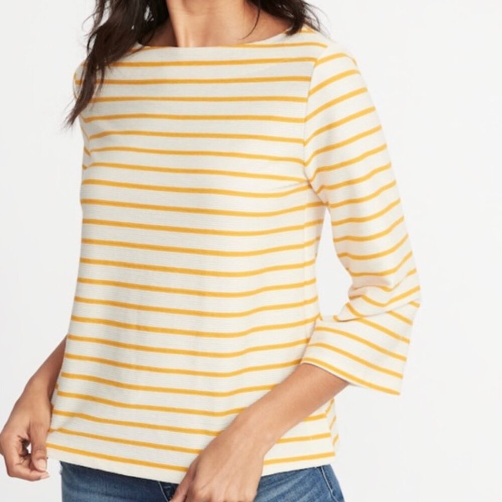 White and Yellow Boatneck Top, Striped 3/4 bell sleeves, Women's medium blouse